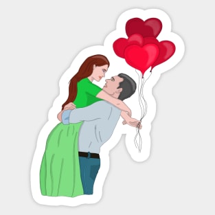 Couple Hugging While Holding Heart Shaped Balloons Sticker